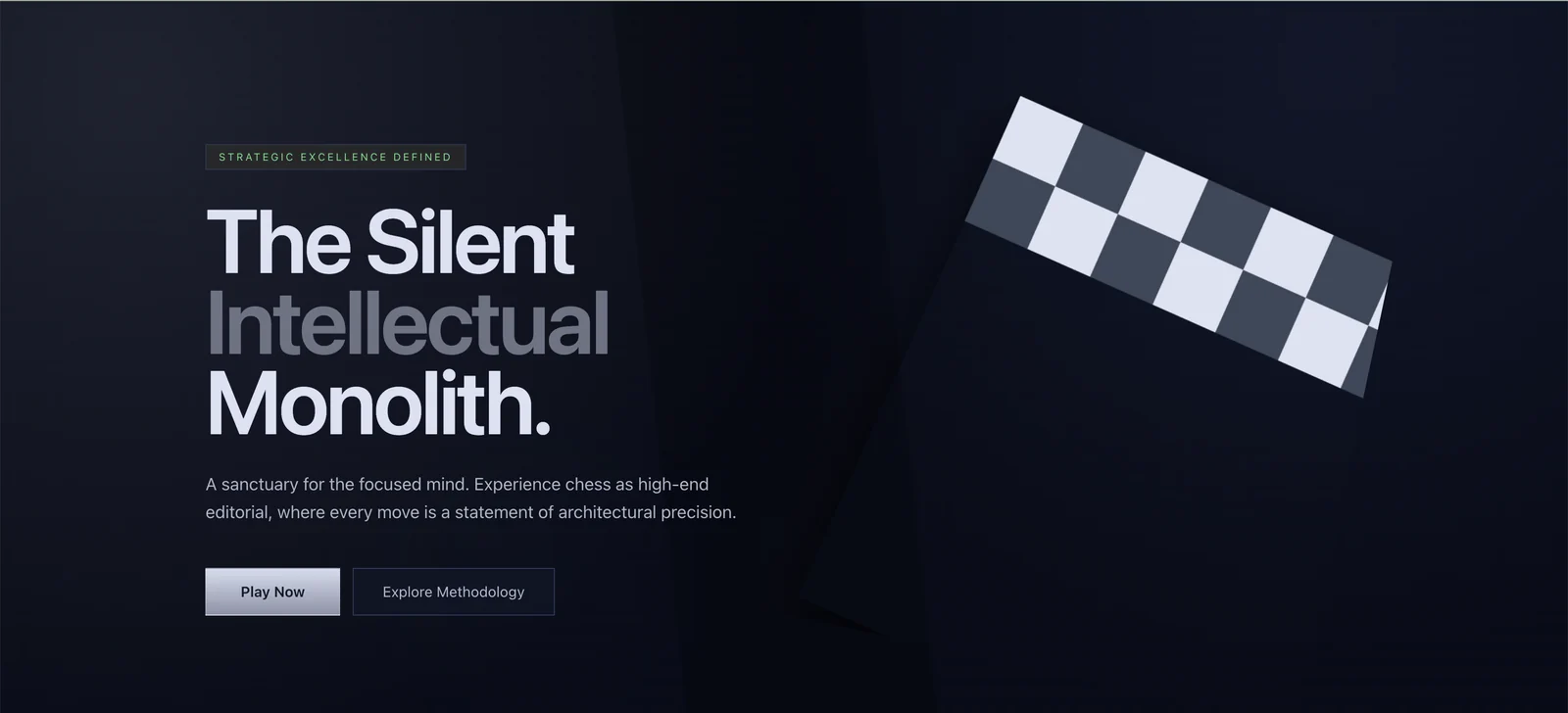 Grandmaster multiplayer chess landing page: 'The Silent Intellectual Monolith' headline with Play Now button beside a tilted chessboard