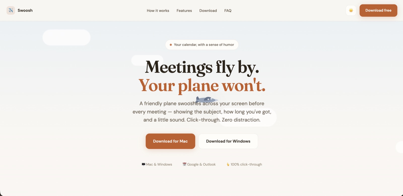 Swoosh landing page: 'Meetings fly by. Your plane won't.' headline with a small plane flying across the hero and Mac and Windows download buttons